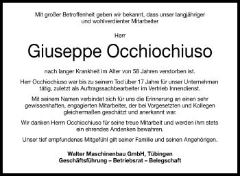 Anzeige von Giuseppe Occhiochiuso von Reutlinger Generalanzeiger