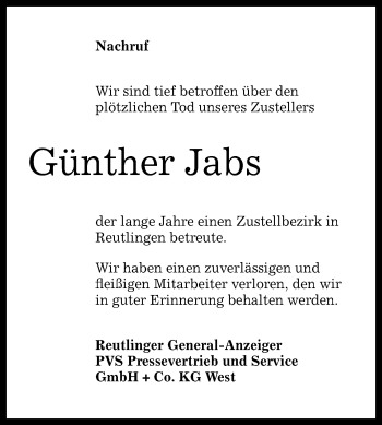 Anzeige von Günther Jabs von Reutlinger Generalanzeiger