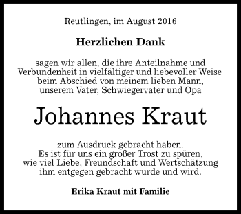 Anzeige von Johannes Kraut von Reutlinger Generalanzeiger