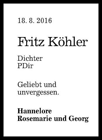 Anzeige von Fritz Köhler von Reutlinger Generalanzeiger
