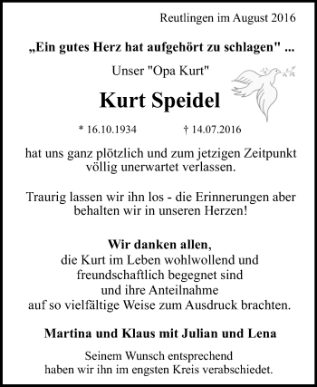 Anzeige von Kurt Speidel von Reutlinger Generalanzeiger