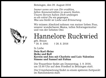 Anzeige von Hannelore Ruckwied von Reutlinger Generalanzeiger