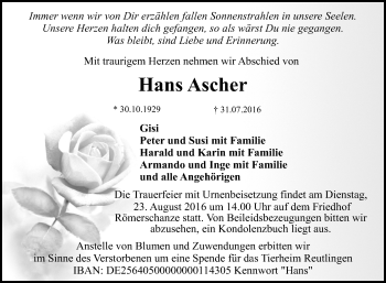 Anzeige von Hans Ascher von Reutlinger Generalanzeiger