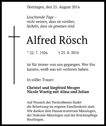 Anzeige von Alfred Rösch von Reutlinger Generalanzeiger