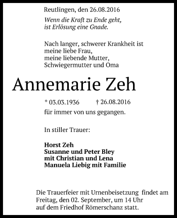 Anzeige von Annemarie Zeh von Reutlinger Generalanzeiger