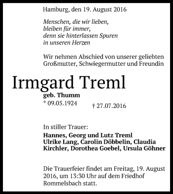 Anzeige von Irmgard Treml von Reutlinger Generalanzeiger