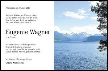 Anzeige von Eugenie Wagner von Reutlinger Generalanzeiger