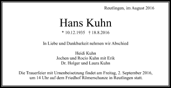 Anzeige von Hans Kuhn von Reutlinger Generalanzeiger