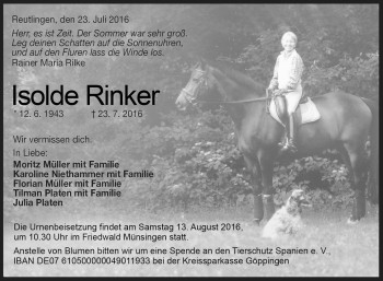 Anzeige von Isolde Rinker von Reutlinger Generalanzeiger