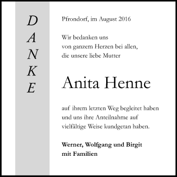 Anzeige von Anita Henne von Reutlinger Generalanzeiger