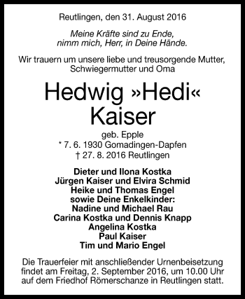 Anzeige von Hedwig Kaiser von Reutlinger Generalanzeiger