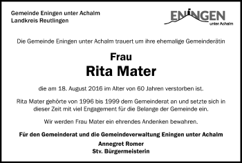 Anzeige von Rita Mater von Reutlinger Generalanzeiger