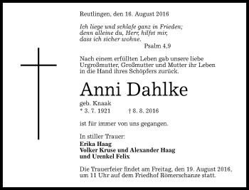 Anzeige von Anni Dahlke von Reutlinger Generalanzeiger