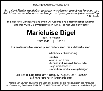 Anzeige von Marieluise Digel von Reutlinger Generalanzeiger