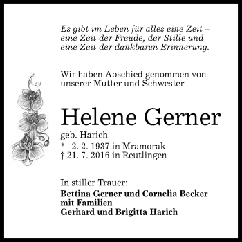 Anzeige von Helene Gerner von Reutlinger Generalanzeiger