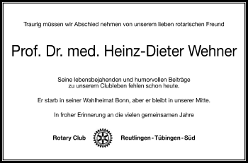 Anzeige von Heinz-Dieter Wehner von Reutlinger Generalanzeiger