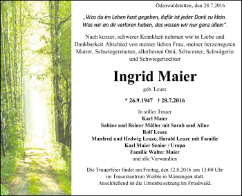 Anzeige von Ingrid Maier von Reutlinger Generalanzeiger