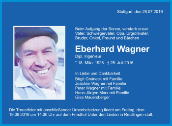 Anzeige von Eberhard Wagner von Reutlinger Generalanzeiger