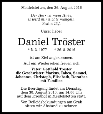 Anzeige von Daniel Tröster von Reutlinger Generalanzeiger