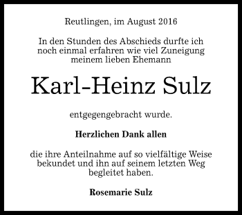 Anzeige von Karl-Heinz Sulz von Reutlinger Generalanzeiger