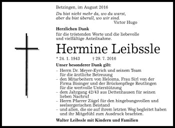 Anzeige von Hermine Leibssle von Reutlinger Generalanzeiger