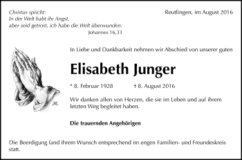 Anzeige von Elisabeth Junger von Reutlinger Generalanzeiger