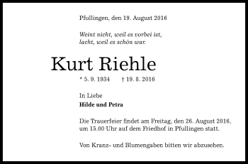 Anzeige von Kurt Riehle von Reutlinger Generalanzeiger