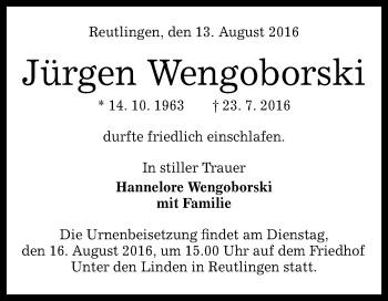 Anzeige von Jürgen Wengoborski von Reutlinger Generalanzeiger