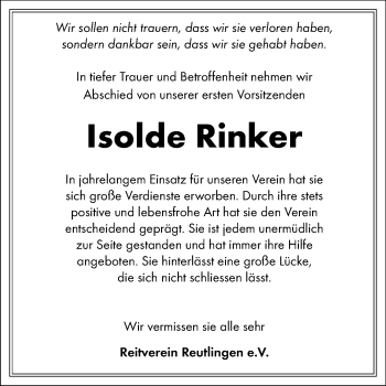 Anzeige von Isolde Rinker von Reutlinger Generalanzeiger