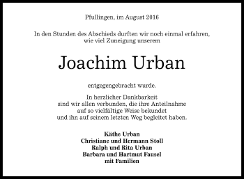 Anzeige von Joachim Urban von Reutlinger Generalanzeiger