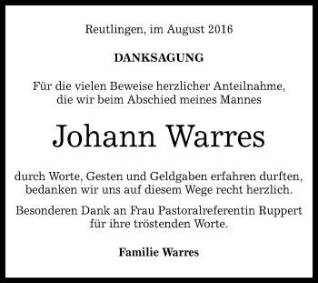 Anzeige von Johann Warres von Reutlinger Generalanzeiger