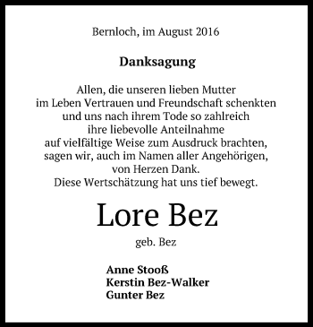 Anzeige von Lore Bez von Reutlinger Generalanzeiger