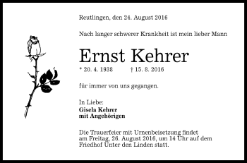 Anzeige von Ernst Kehrer von Reutlinger Generalanzeiger