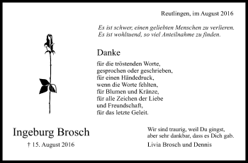 Anzeige von Ingeburg Brosch von Reutlinger Generalanzeiger