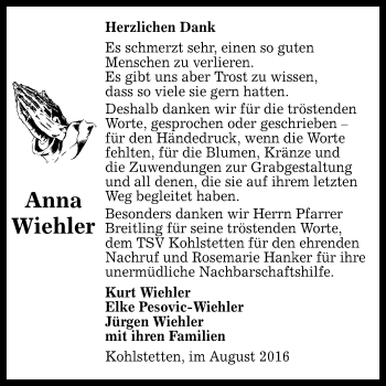 Anzeige von Anna Wiehler von Reutlinger Generalanzeiger