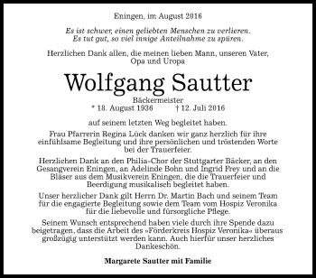 Anzeige von Wolfgang Sautter von Reutlinger Generalanzeiger