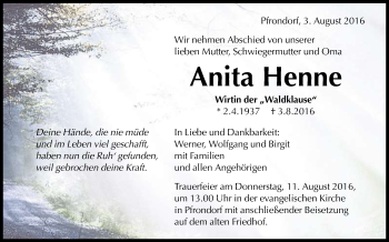 Anzeige von Anita Henne von Reutlinger Generalanzeiger