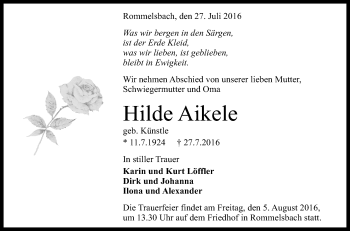 Anzeige von Hilde Aikele von Reutlinger Generalanzeiger