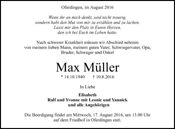 Anzeige von Max Müller von Reutlinger Generalanzeiger