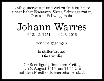 Anzeige von Johann Warres von Reutlinger Generalanzeiger