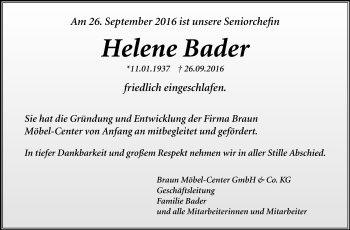 Anzeige von Helene Bader von Reutlinger Generalanzeiger