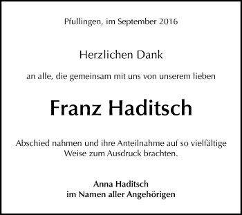 Anzeige von Franz Haditsch von Reutlinger Generalanzeiger