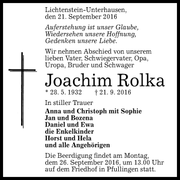 Anzeige von Joachim Rolka von Reutlinger Generalanzeiger