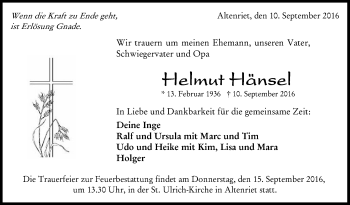 Anzeige von Helmut Hänsel von Reutlinger Generalanzeiger