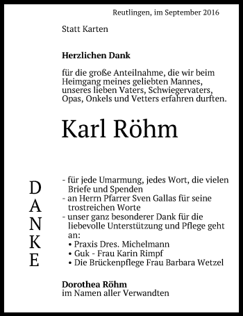 Anzeige von Karl Röhm von Reutlinger Generalanzeiger