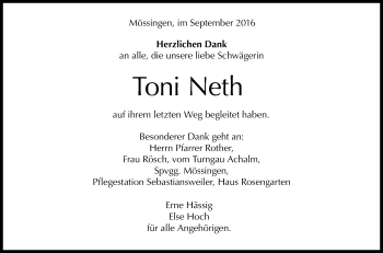 Anzeige von Toni Neth von Reutlinger Generalanzeiger