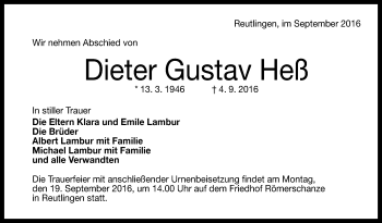 Anzeige von Dieter Gustav Heß von Reutlinger Generalanzeiger