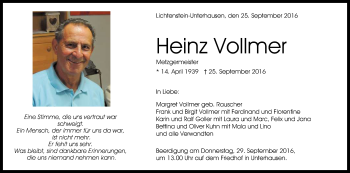 Anzeige von Heinz Vollmer von Reutlinger Generalanzeiger