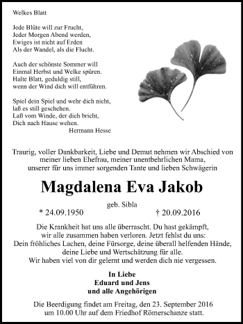 Anzeige von Magdalena Eva Jakob von Reutlinger Generalanzeiger