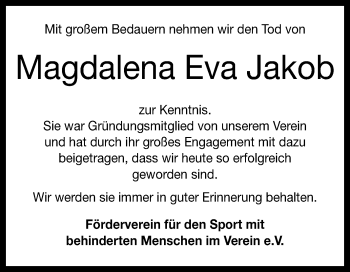 Anzeige von Magdalena Eva Jakob von Reutlinger Generalanzeiger